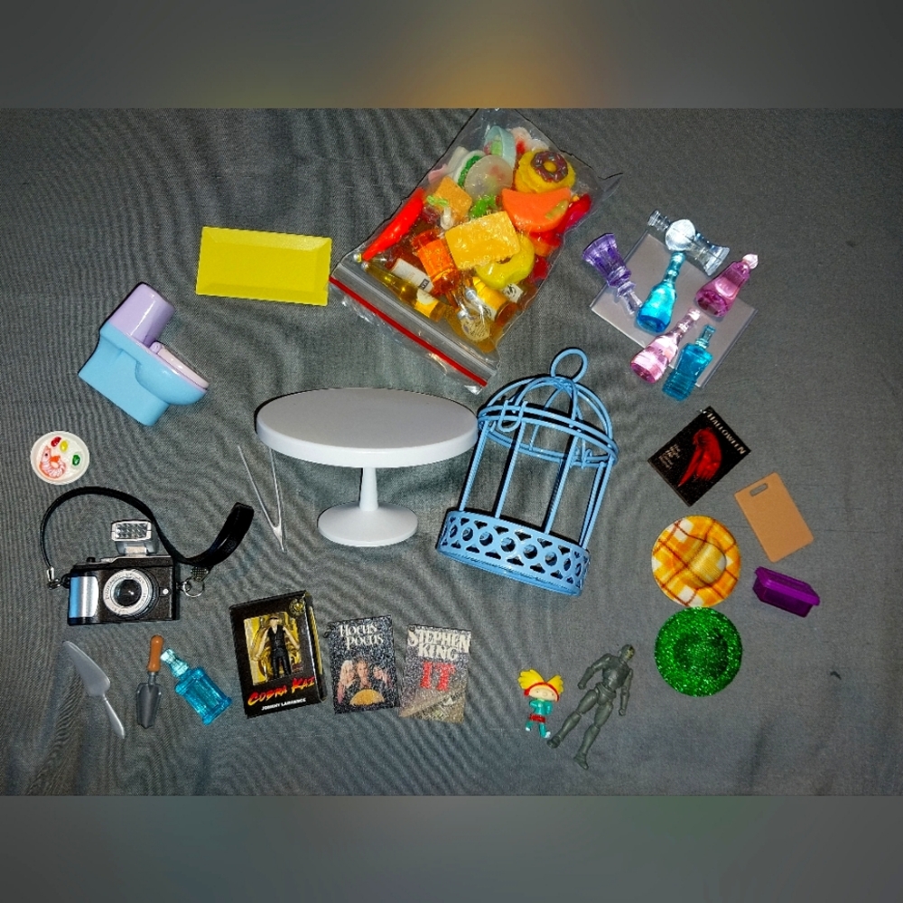 Assorted Miniature Food, Furniture And Accessory Toy Set with Blue Birdcage